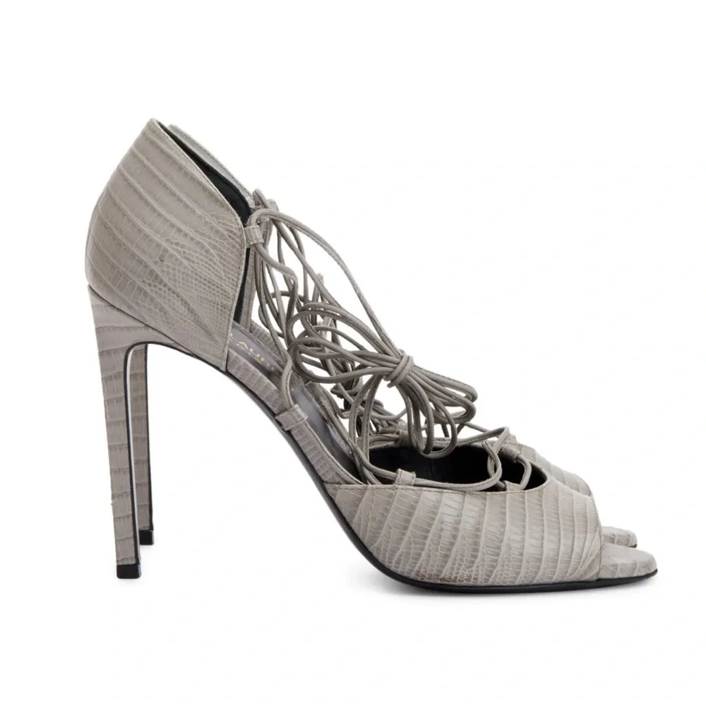 Saint Laurent Embossed Leather Gladiator Open Toe Heels Gray lace up ankle Wrap - Picture 10 of 10